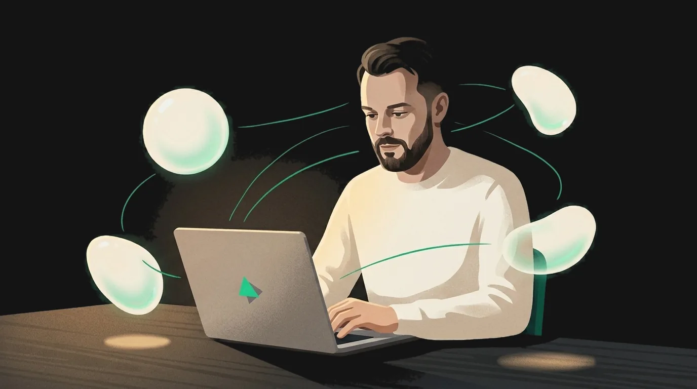 Illustration of Arnaud at a laptop, conversing with AI agents shown as translucent glass forms