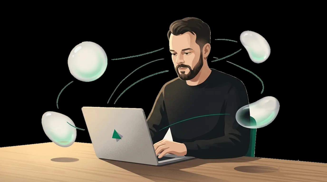 Illustration of Arnaud at a laptop, conversing with AI agents shown as translucent glass forms